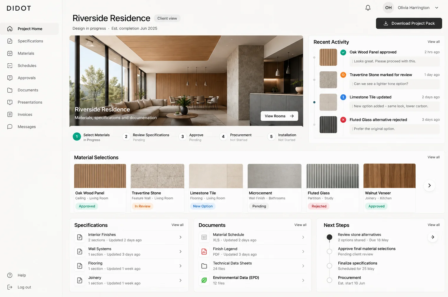 Client view of Riverside Residence showing material selections marked approved, in review, new option, pending and rejected, with recent activity and next steps.