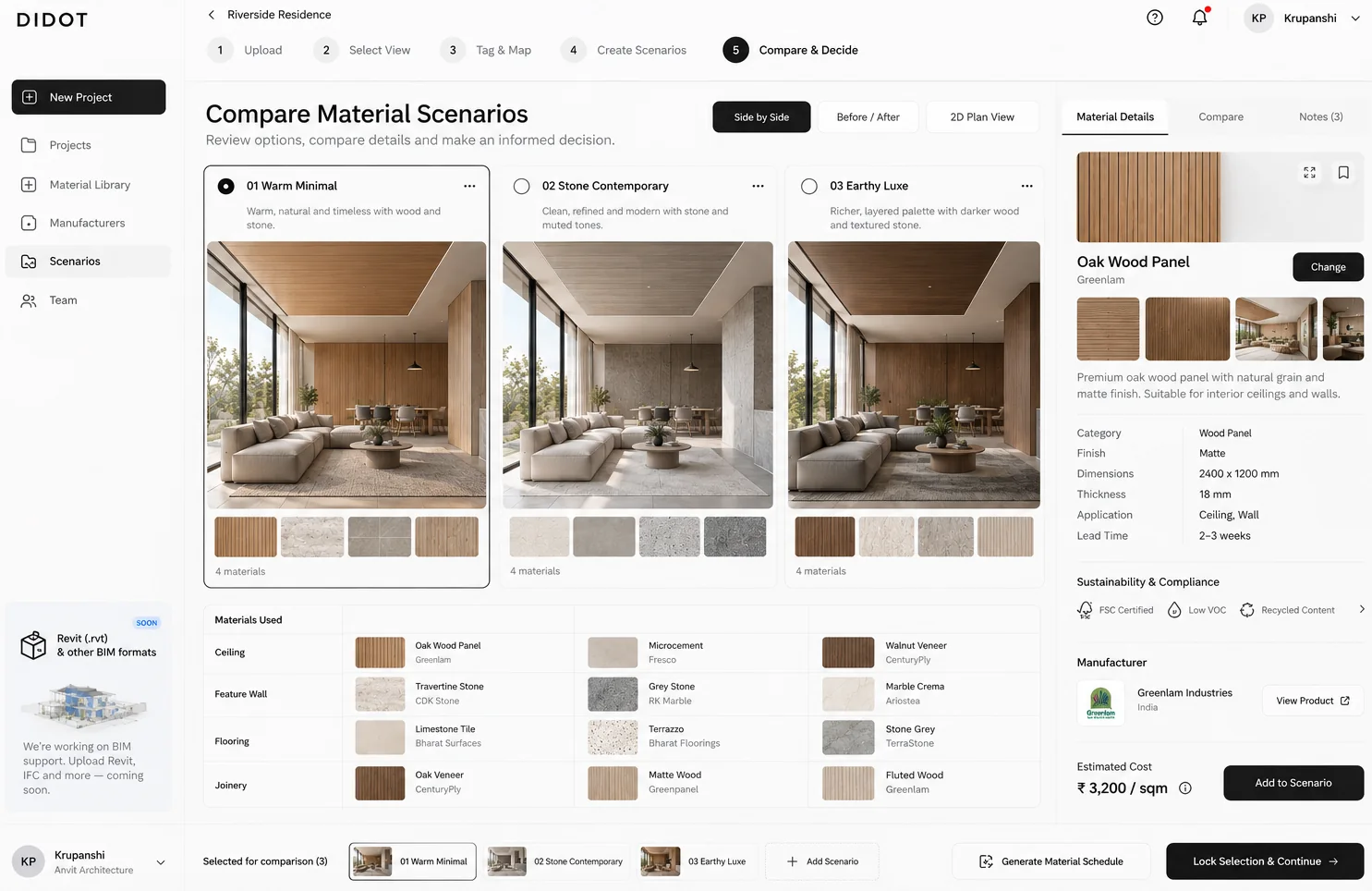 DIDOT comparing three material scenarios for a living room side by side: Warm Minimal, Stone Contemporary and Earthy Luxe, with the materials used on ceiling, feature wall, flooring and joinery.