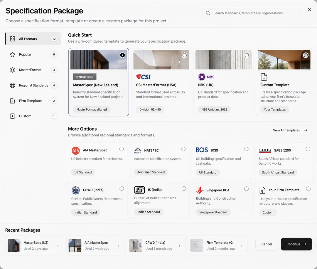 Specification package picker with MasterSpec New Zealand, CSI MasterFormat, NBS, NATSPEC, CPWD and custom firm templates.
