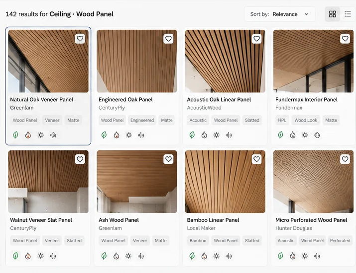 Material library results for ceiling wood panels from Greenlam, CenturyPly, AcousticWood, Fundermax and Hunter Douglas.