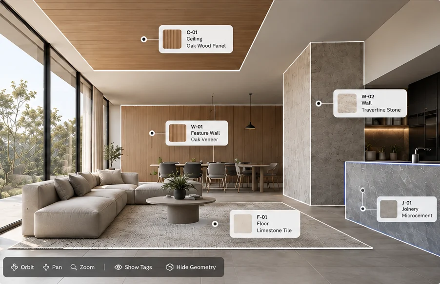 A living room in DIDOT with surfaces tagged: C-01 ceiling in oak wood panel, W-01 feature wall in oak veneer, W-02 wall in travertine and F-01 floor in limestone tile.