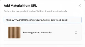 Add material from URL dialog fetching product information from a manufacturer page.