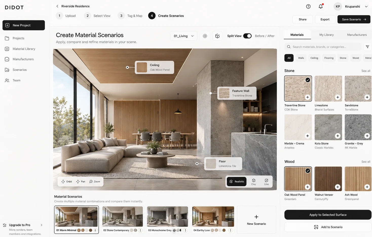 Create material scenarios: the living room with ceiling, feature wall and floor materials applied, and four saved scenarios below.