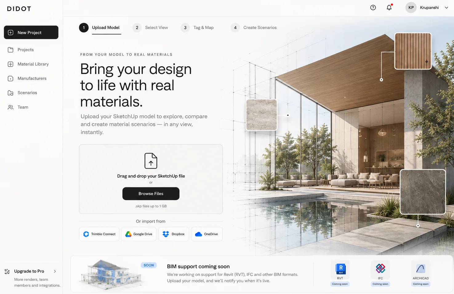 Upload screen: drag and drop a SketchUp file or import from Trimble Connect, Google Drive, Dropbox or OneDrive.