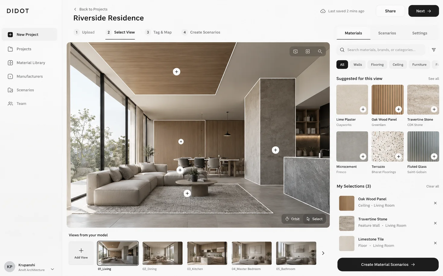 Select view: a living room view with clickable surfaces and suggested materials such as lime plaster, oak wood panel and travertine.