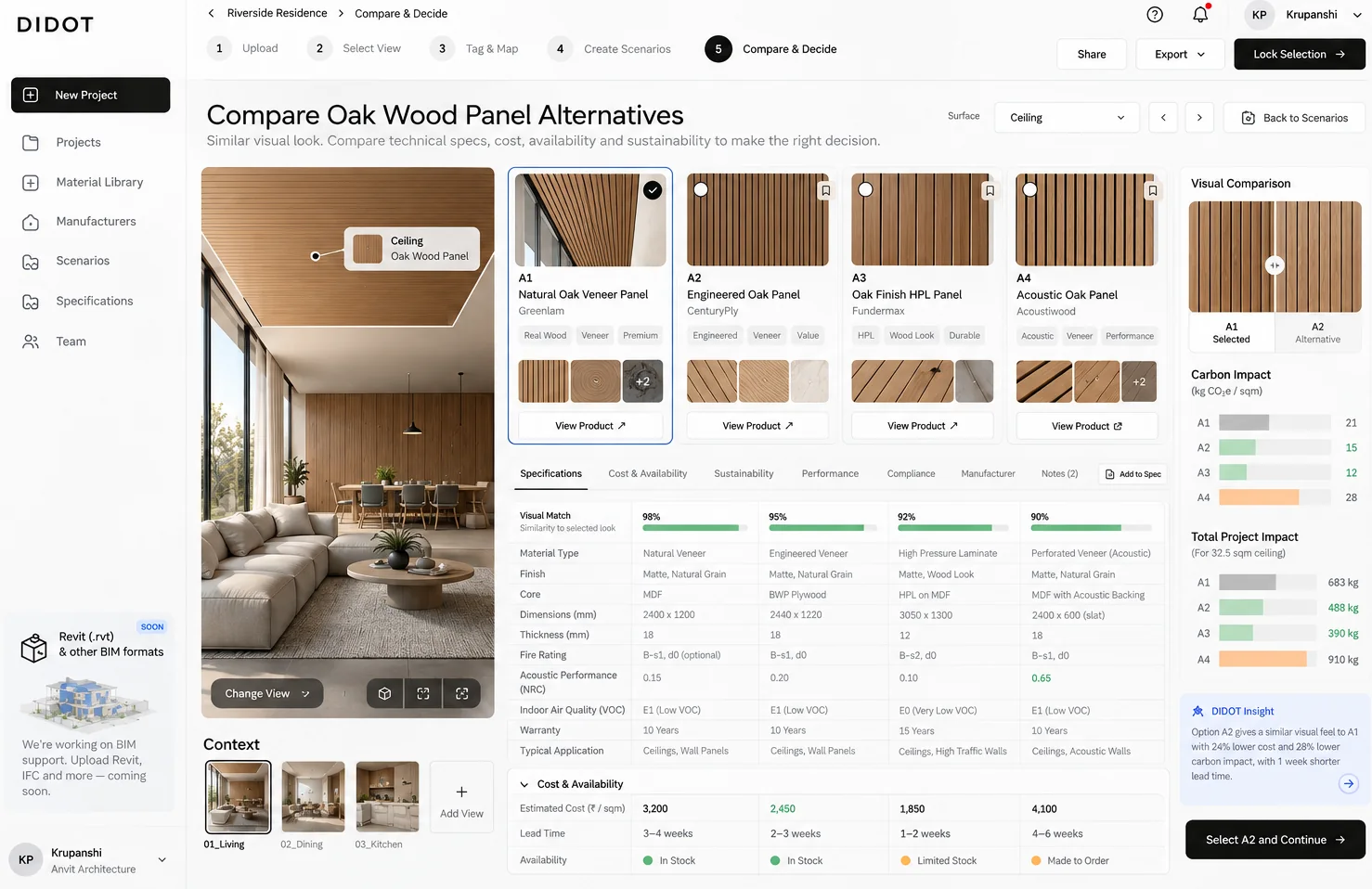 Compare oak wood panel alternatives: visual match, specifications, cost, lead time and carbon impact for four products.